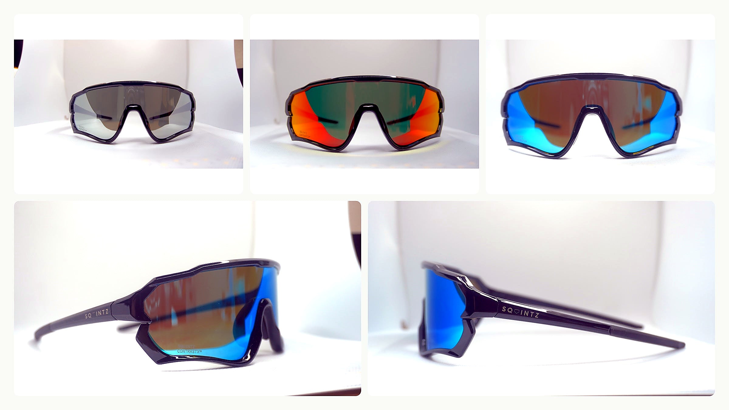 Squintz First Drop sunglasses with Silver Revo, Red Revo, Blue Revo, and frame detail views