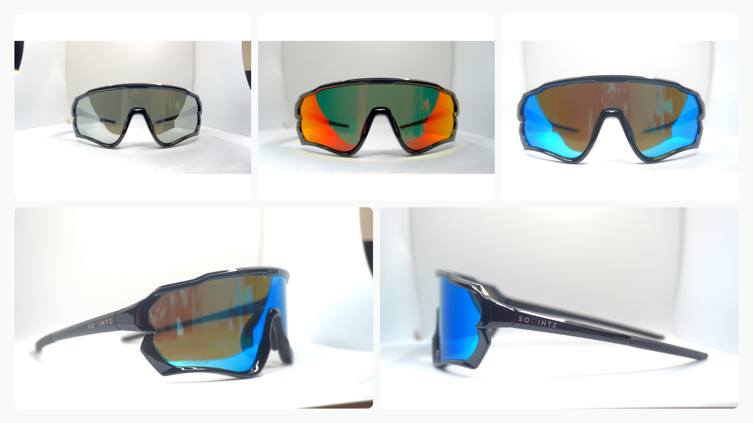 Squintz First Drop sunglasses shown in Silver Revo, Red Revo, Blue Revo, and two frame design views